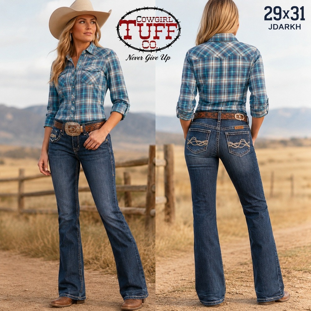 Cowgirl Tuff Co Dark Don't‎ Fence Me In Bootcut Jeans 29x31 Dark Wash JDARKH